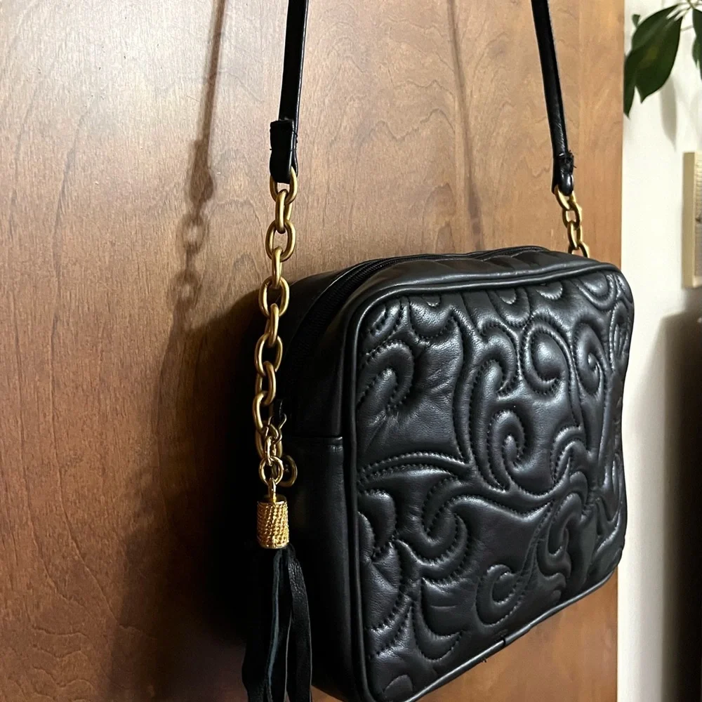 L.J.S. COLLECTION NWOT Square Quilted Faux Leather Crossbody Bag in Black Color